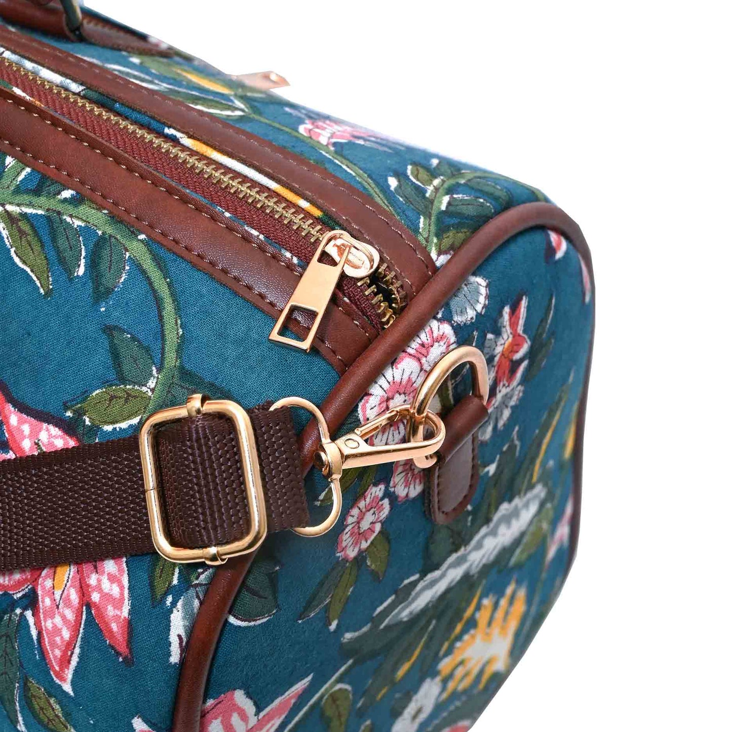 HEAVEN GARDEN COTTON PRINTED VEGAN LEATHER DUFFLE BAG WITH STRAP
