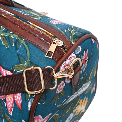 HEAVEN GARDEN COTTON PRINTED VEGAN LEATHER DUFFLE BAG WITH STRAP