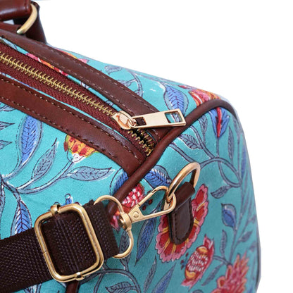 LILY HIBISCUS COTTON PRINTED VEGAN LEATHER DUFFLE BAG WITH STRAP