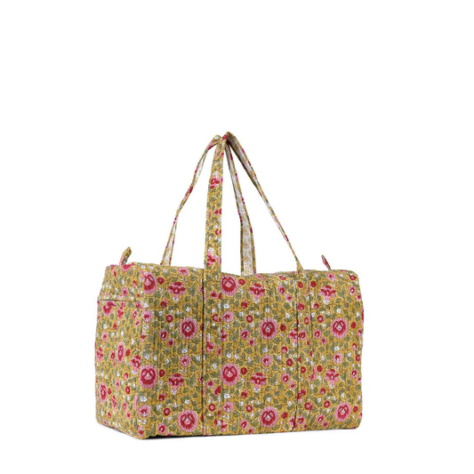 BASANT FLOWER HAND BLOCK PRINTED QUILTED TRAVEL DUFFLE BAG BIG
