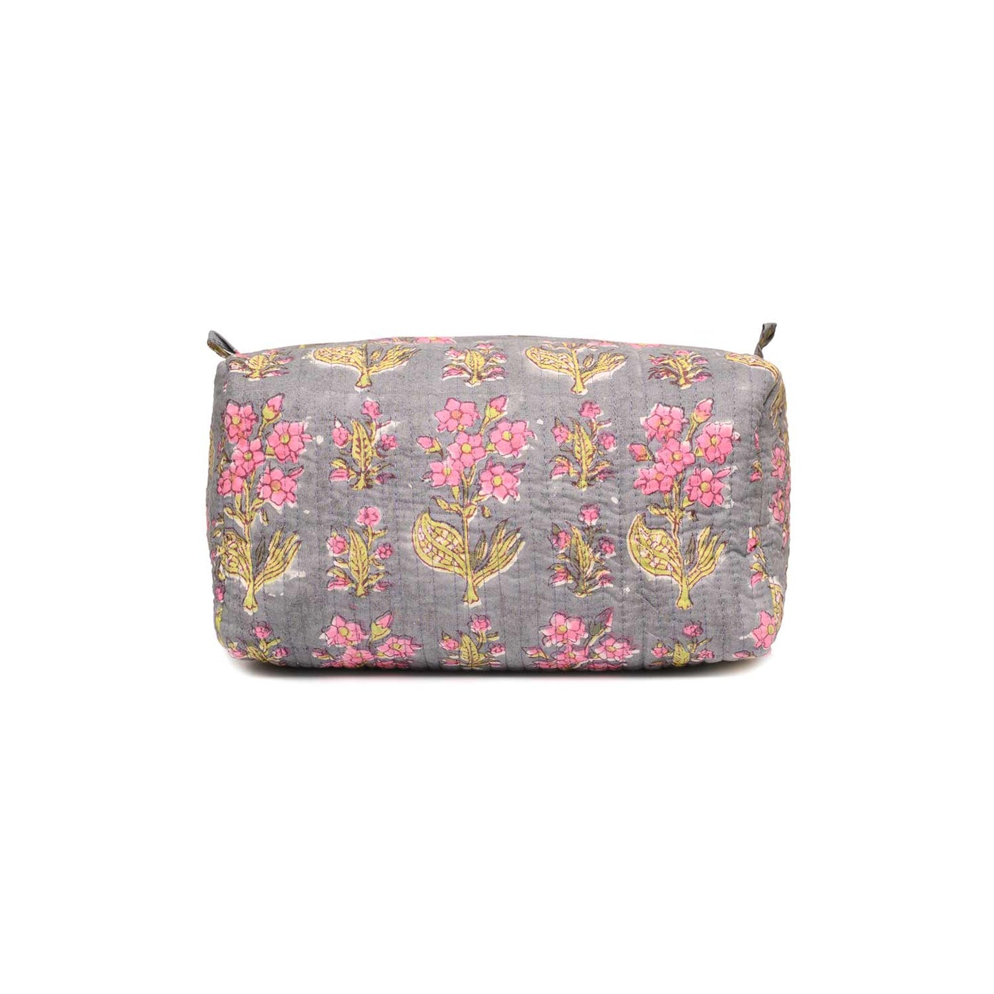 MANDEVILLA GREY PINK HAND BLOCK COTTON PRINTED QUILTED TOILETRY POUCH