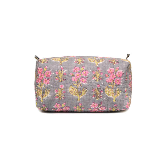 MANDEVILLA GREY PINK HAND BLOCK COTTON PRINTED QUILTED TOILETRY POUCH