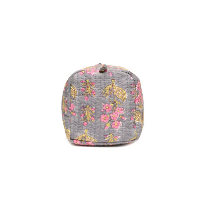 MANDEVILLA GREY PINK HAND BLOCK COTTON PRINTED QUILTED TOILETRY POUCH