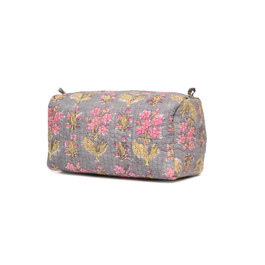 MANDEVILLA GREY PINK HAND BLOCK COTTON PRINTED QUILTED TOILETRY POUCH