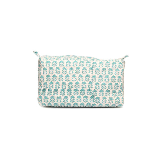 ROSE MARY BUTI TURQUOISE HAND BLOCK COTTON PRINTED  QUILTED TOILETRY POUCH