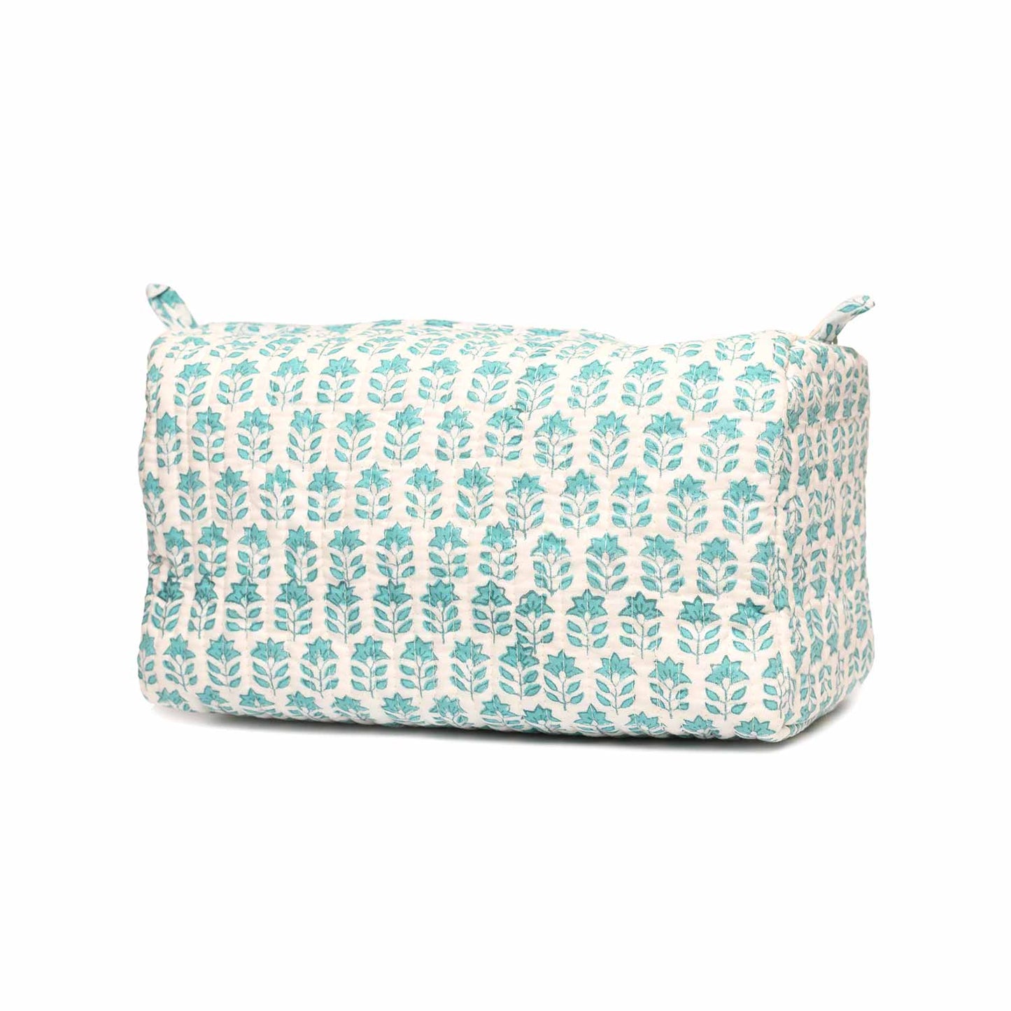 ROSE MARY BUTI TURQUOISE HAND BLOCK COTTON PRINTED  QUILTED TOILETRY POUCH