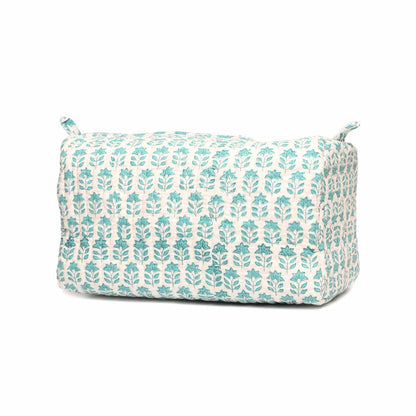 ROSE MARY BUTI TURQUOISE HAND BLOCK COTTON PRINTED  QUILTED TOILETRY POUCH