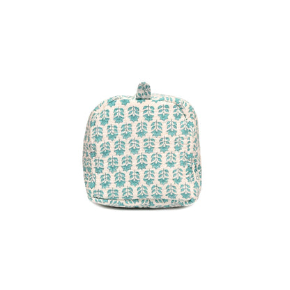 ROSE MARY BUTI TURQUOISE HAND BLOCK COTTON PRINTED  QUILTED TOILETRY POUCH