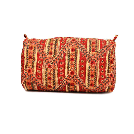BORDER TRAIL RED HAND BLOCK PRINT QUILTED TOILETRY POUCH