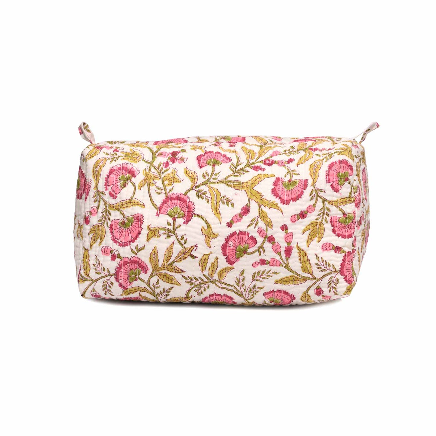 RANGOON CREEPER PINK HAND BLOCK COTTON PRINTED QUILTED TOILETRY POUCH