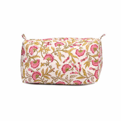 RANGOON CREEPER PINK HAND BLOCK COTTON PRINTED QUILTED TOILETRY POUCH