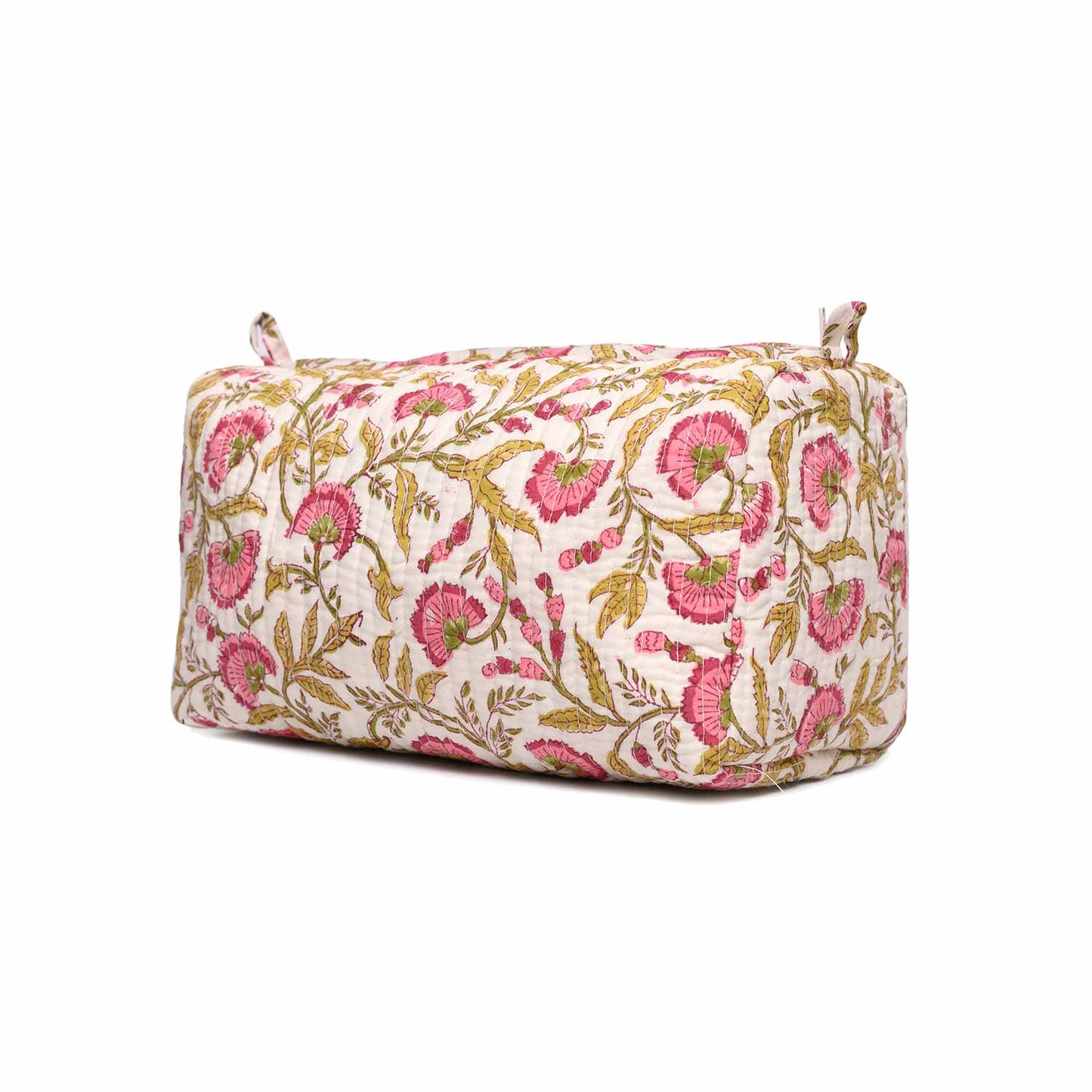 RANGOON CREEPER PINK HAND BLOCK COTTON PRINTED QUILTED TOILETRY POUCH