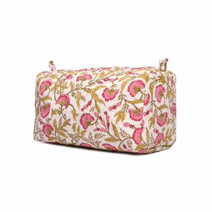 RANGOON CREEPER PINK HAND BLOCK COTTON PRINTED QUILTED TOILETRY POUCH