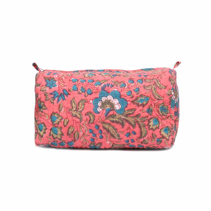 COCKSCOMB HAND BLOCK COTTON PRINTED PINK QUILTED TOILETRY POUCH