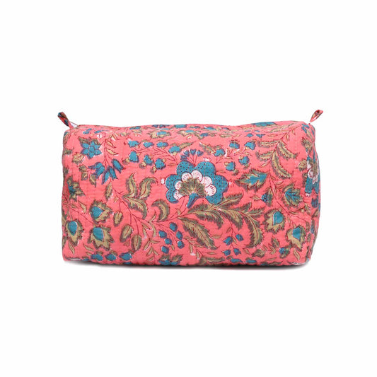 COCKSCOMB HAND BLOCK COTTON PRINTED PINK QUILTED TOILETRY POUCH