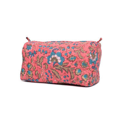 COCKSCOMB HAND BLOCK COTTON PRINTED PINK QUILTED TOILETRY POUCH