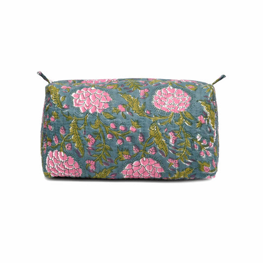 DAHLIA JAAL HAND BLOCK COTTON PRINTED GREEN QUILTED TOILETRY POUCH