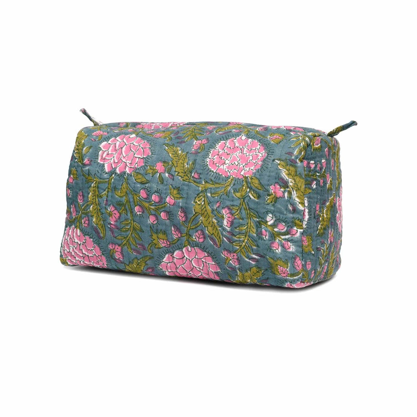 DAHLIA JAAL HAND BLOCK COTTON PRINTED GREEN QUILTED TOILETRY POUCH