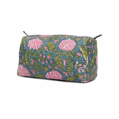 DAHLIA JAAL HAND BLOCK COTTON PRINTED GREEN QUILTED TOILETRY POUCH