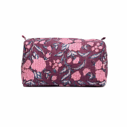 HOLLYHOCK MAROON HAND BLOCK COTTON PRINTED QUILTED TOILETRY POUCH