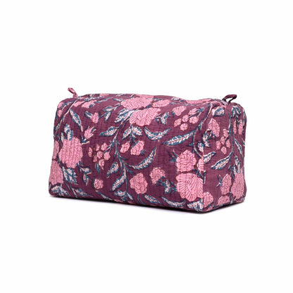 HOLLYHOCK MAROON HAND BLOCK COTTON PRINTED QUILTED TOILETRY POUCH