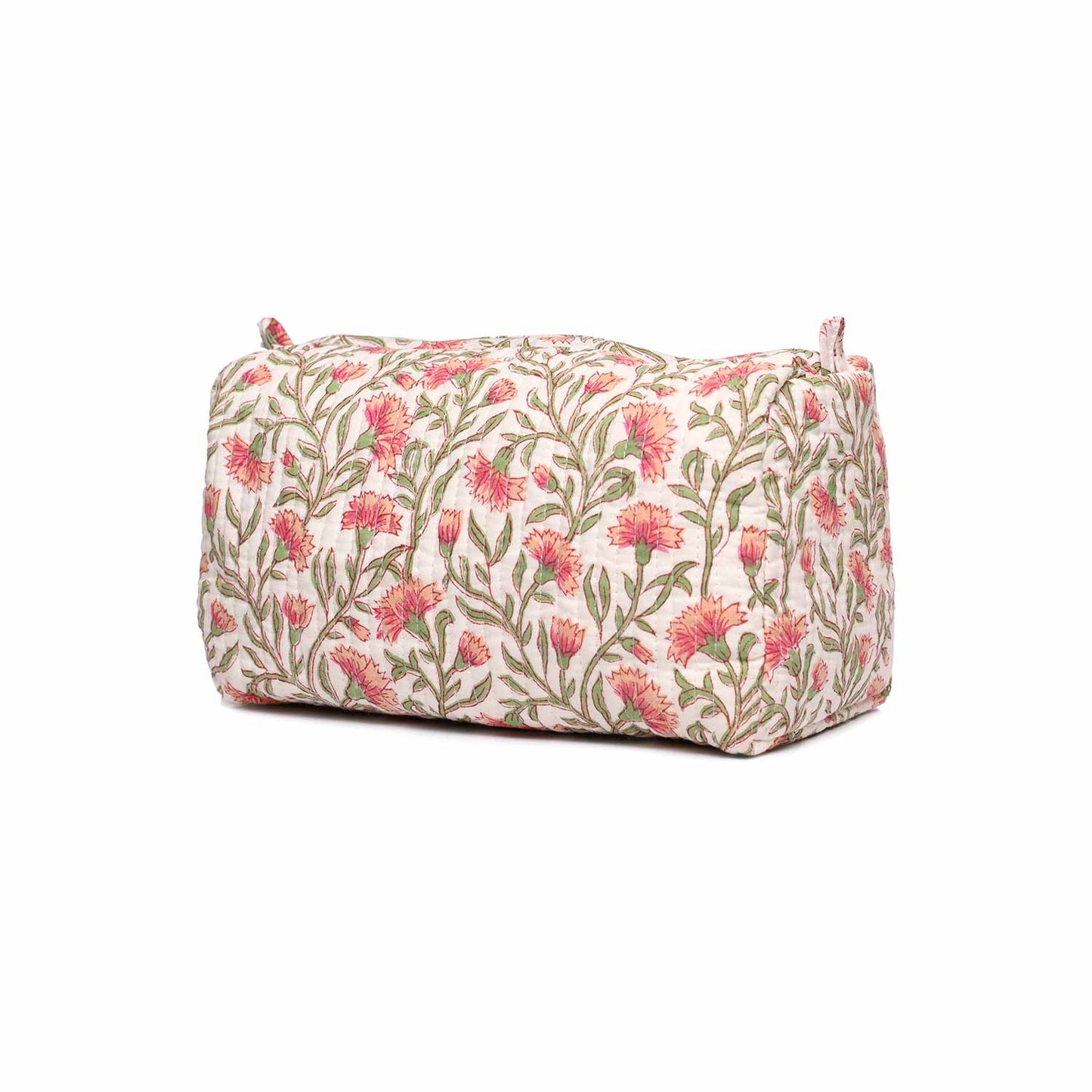 PEACH CHAMPA WHITE GREEN HAND BLOCK COTTON PRINTED QUILTED TOILETRY POUCH