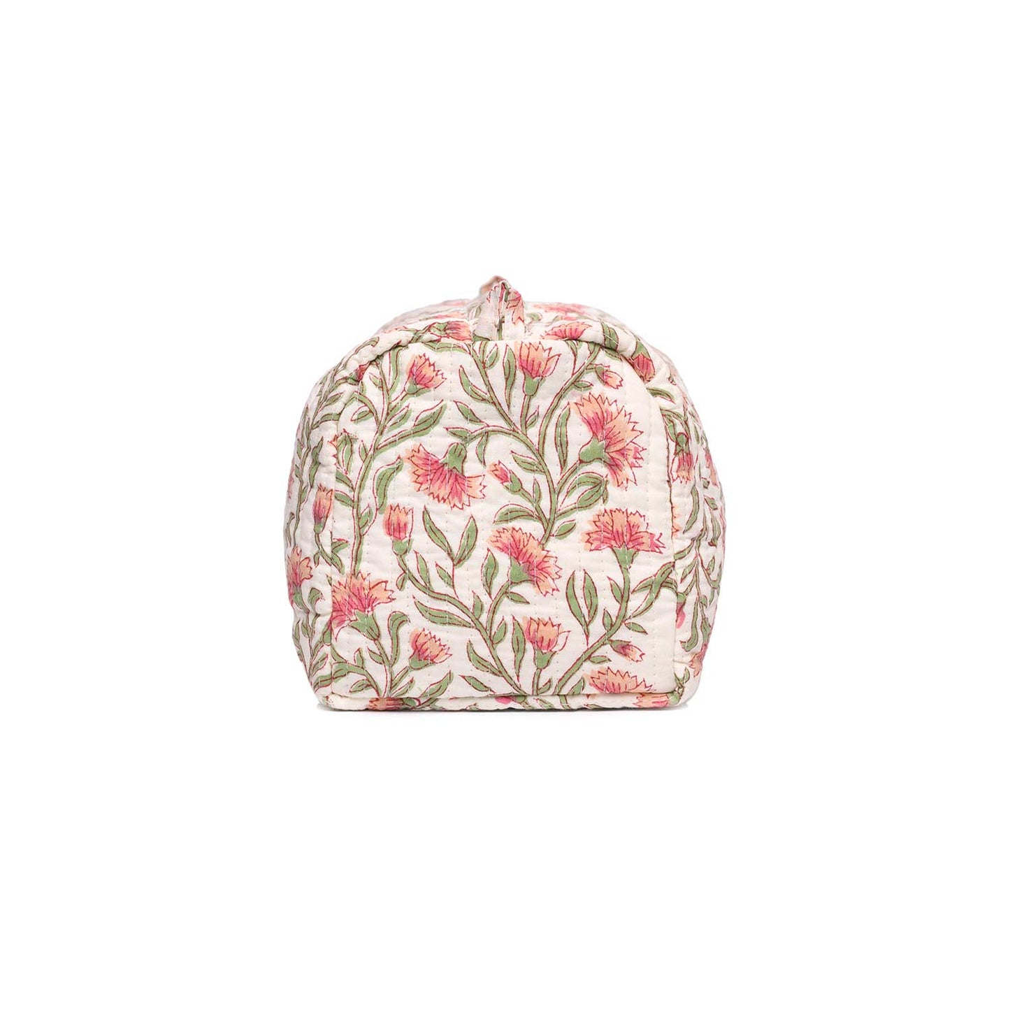 PEACH CHAMPA WHITE GREEN HAND BLOCK COTTON PRINTED QUILTED TOILETRY POUCH