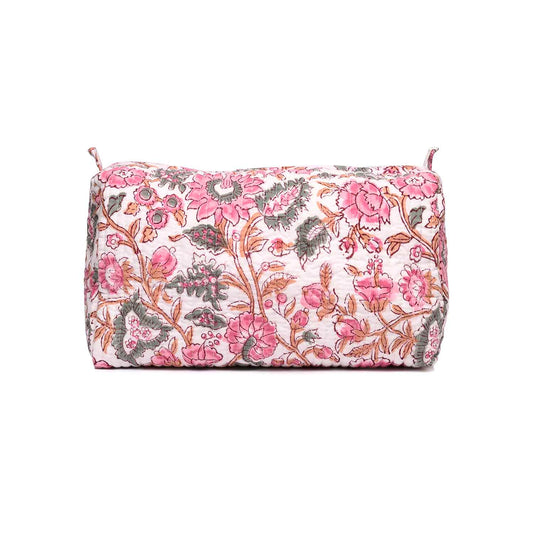 HIBISCUS WHITE PINK PRINTED QUILTED TOILETRY POUCH