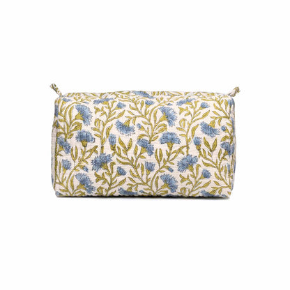BLUE CHAMPA HAND BLOCK COTTON PRINTED QUILTED TOILETRY POUCH