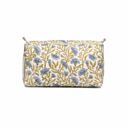 BLUE CHAMPA HAND BLOCK COTTON PRINTED QUILTED TOILETRY POUCH