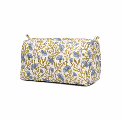 BLUE CHAMPA HAND BLOCK COTTON PRINTED QUILTED TOILETRY POUCH