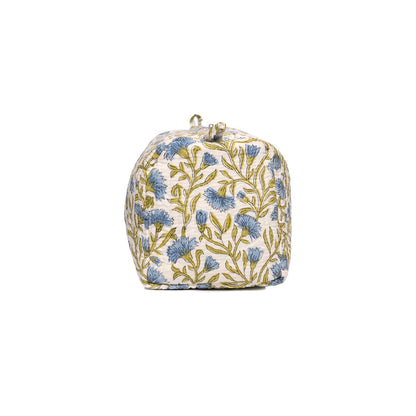 BLUE CHAMPA HAND BLOCK COTTON PRINTED QUILTED TOILETRY POUCH