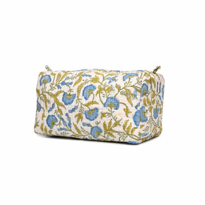 RANGOON CREEPER BLUE HAND BLOCK COTTON PRINTED QUILTED TOILETRY POUCH