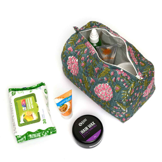 DAHLIA JAAL HAND BLOCK COTTON PRINTED GREEN QUILTED TOILETRY POUCH