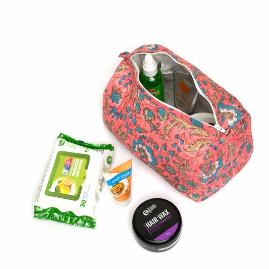 COCKSCOMB HAND BLOCK COTTON PRINTED PINK QUILTED TOILETRY POUCH