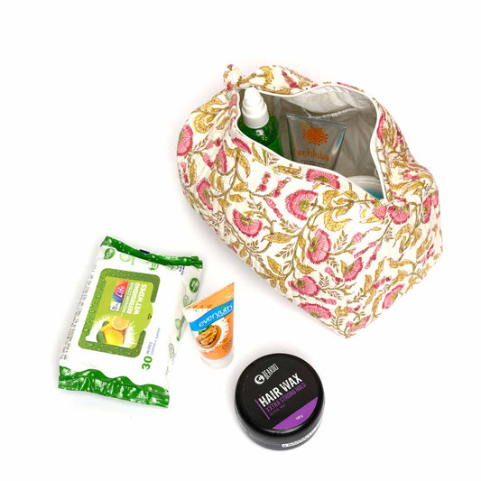 PEACH CHAMPA WHITE GREEN HAND BLOCK COTTON PRINTED QUILTED TOILETRY POUCH