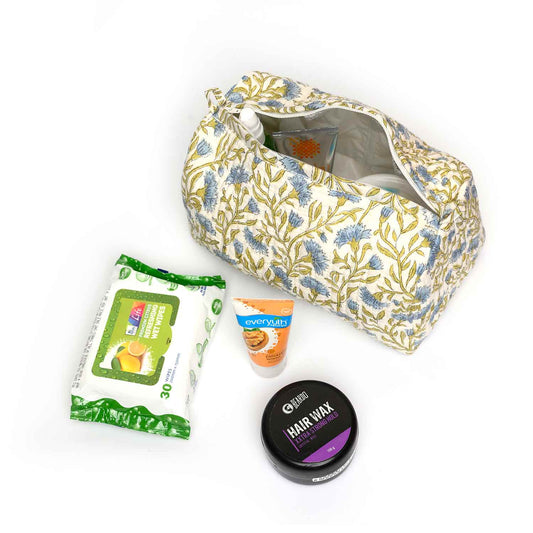 BLUE CHAMPA HAND BLOCK COTTON PRINTED QUILTED TOILETRY POUCH