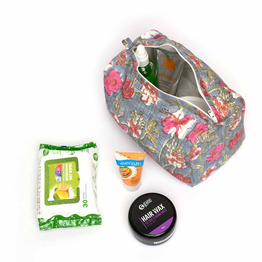 OLEANDER JAAL FLOWER HAND BLOCK COTTON PRINTED QUILTED TOILETRY POUCH