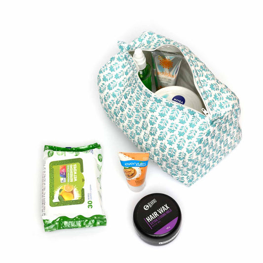 ROSE MARY BUTI TURQUOISE HAND BLOCK COTTON PRINTED  QUILTED TOILETRY POUCH