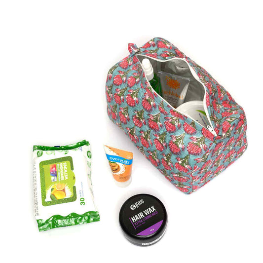 MONSOON LILY HAND BLOCK COTTON PRINTED QUILTED TOILETRY POUCH