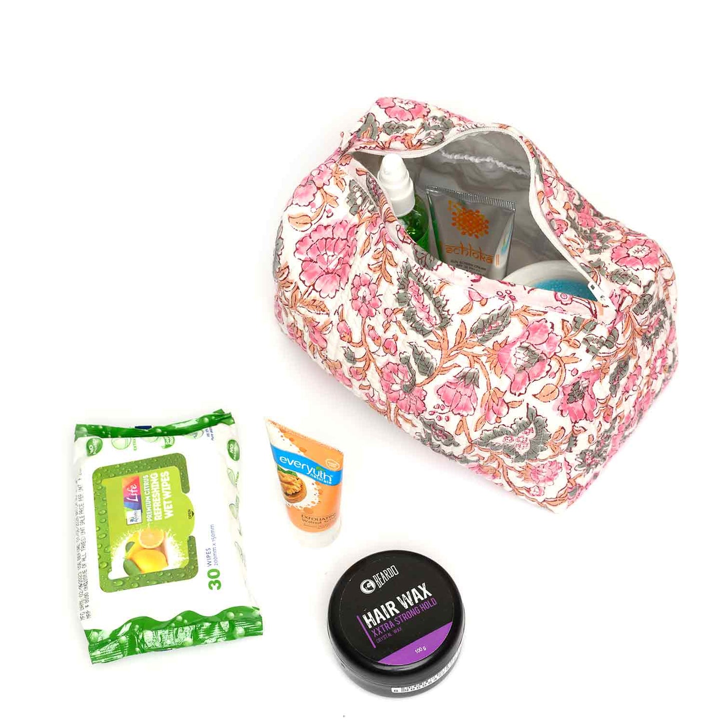 HIBISCUS WHITE PINK PRINTED QUILTED TOILETRY POUCH