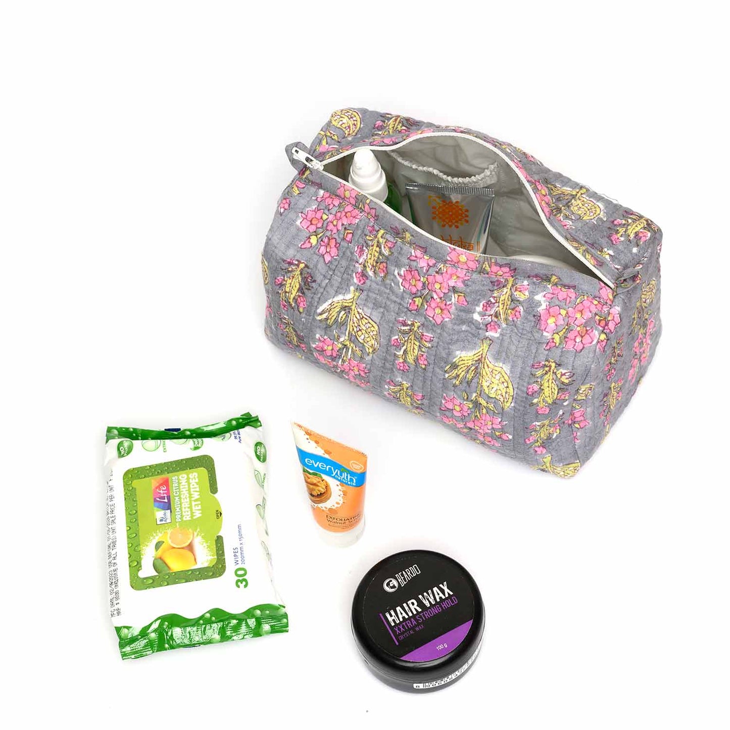 MANDEVILLA GREY PINK HAND BLOCK COTTON PRINTED QUILTED TOILETRY POUCH