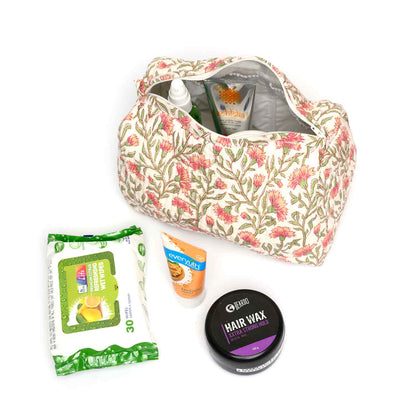 RANGOON CREEPER PINK HAND BLOCK COTTON PRINTED QUILTED TOILETRY POUCH