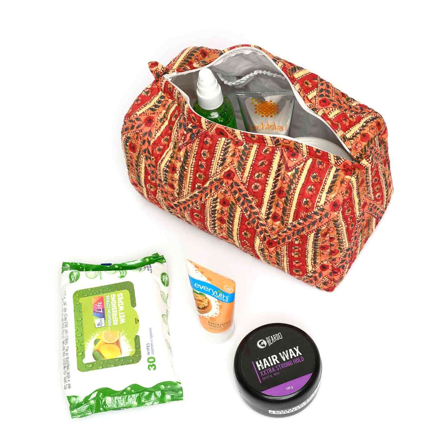 BORDER TRAIL RED HAND BLOCK PRINT QUILTED TOILETRY POUCH