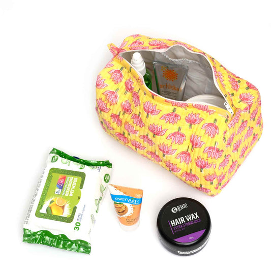 AUTUMN BUDD HAND BLOCK COTTON PRINTED QUILTED TOILETRY POUCH