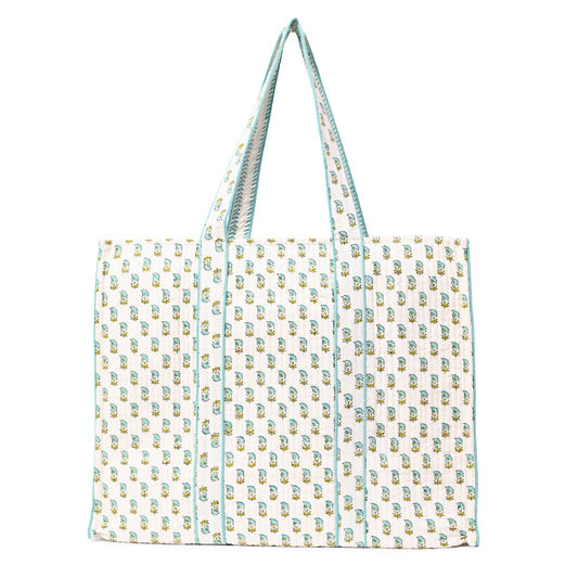 MEADOW MIST HAND BLOCK COTTON PRINTED QUILTED TOTE BAG