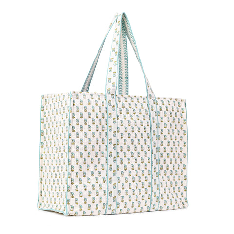 MEADOW MIST HAND BLOCK COTTON PRINTED QUILTED TOTE BAG