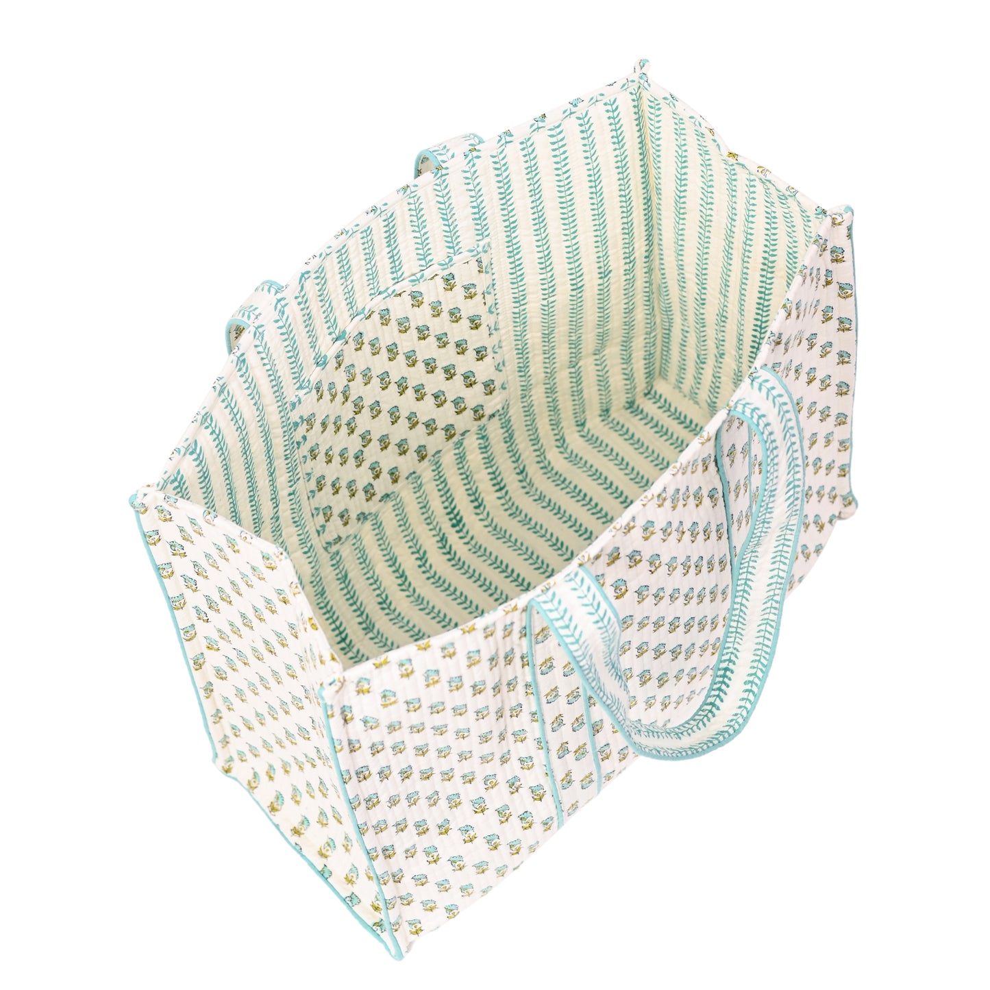 MEADOW MIST HAND BLOCK COTTON PRINTED QUILTED TOTE BAG