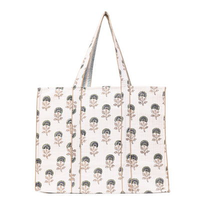 NATURE MUSE HAND BLOCK COTTON PRINTED QUILTED TOTE BAG