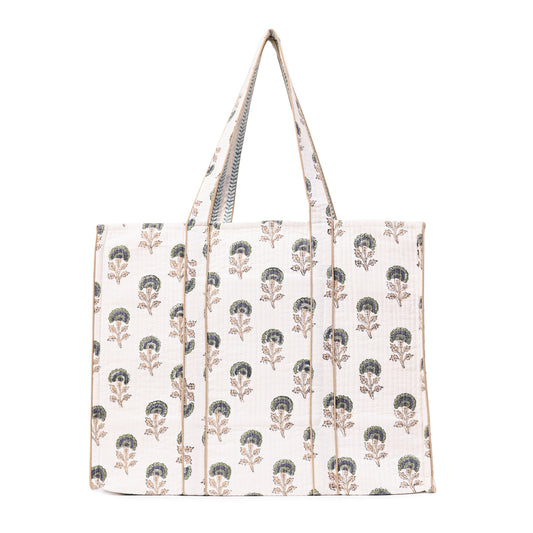 NATURE MUSE HAND BLOCK COTTON PRINTED QUILTED TOTE BAG